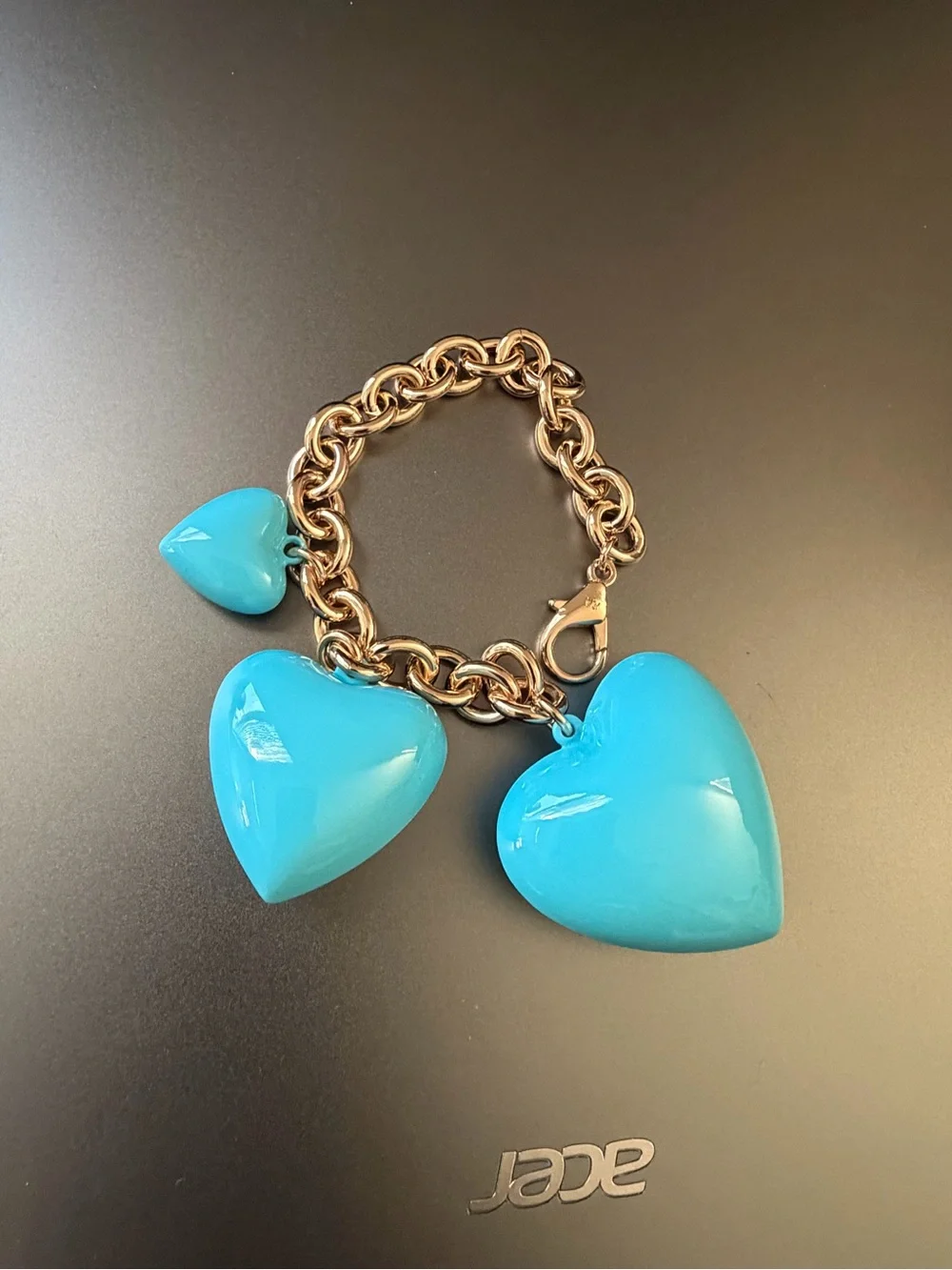 NWOT Roxanne Assoulin Gold Chain Keychain with Turquoise Blue Heart Charms